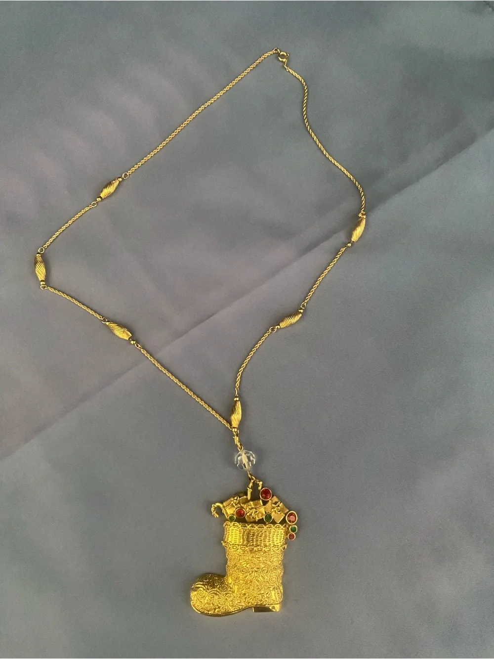 Gold-Tone Festive Boot Pendant Necklace with Red and Green Accents